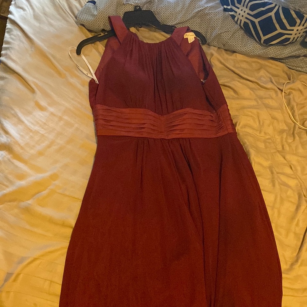 Brand is AW Bridal, Size 10 burgundy bridesmaid dress